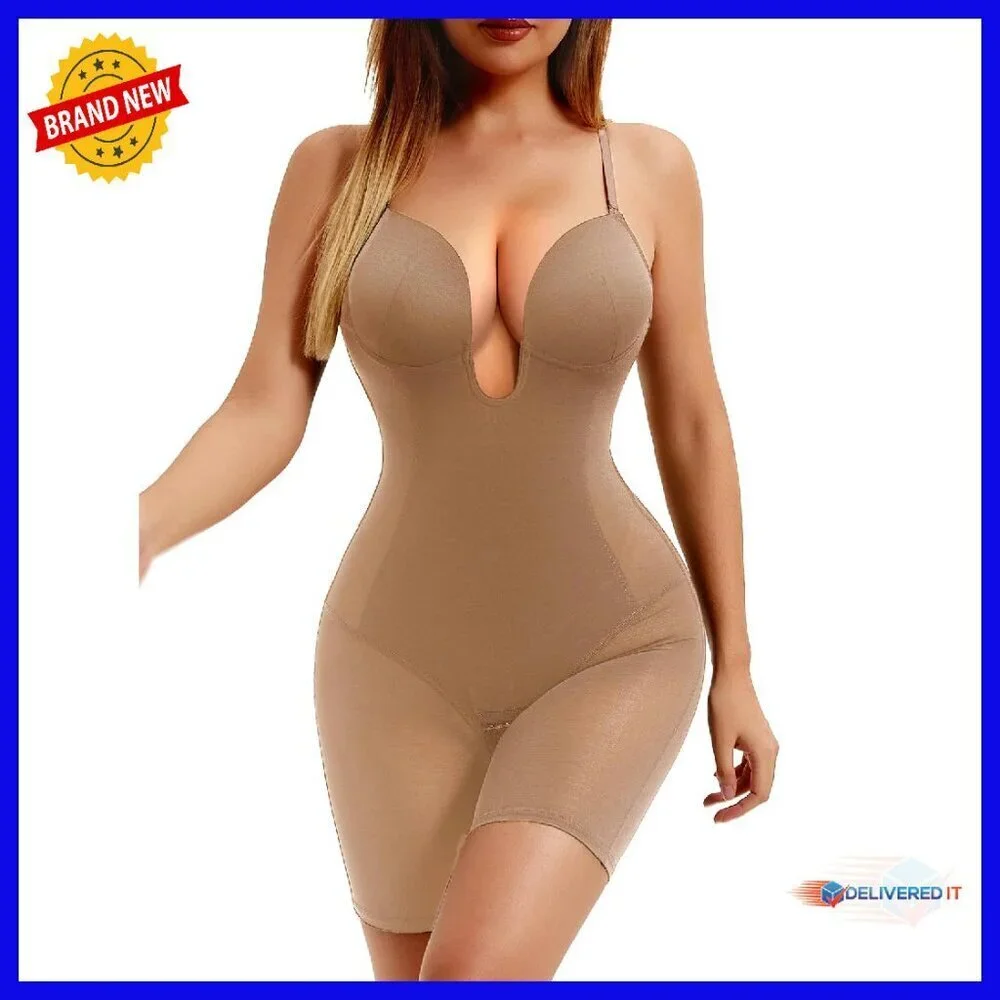 Strapless Bodysuit Shapewear Tummy Control Mid Thigh U Plunge